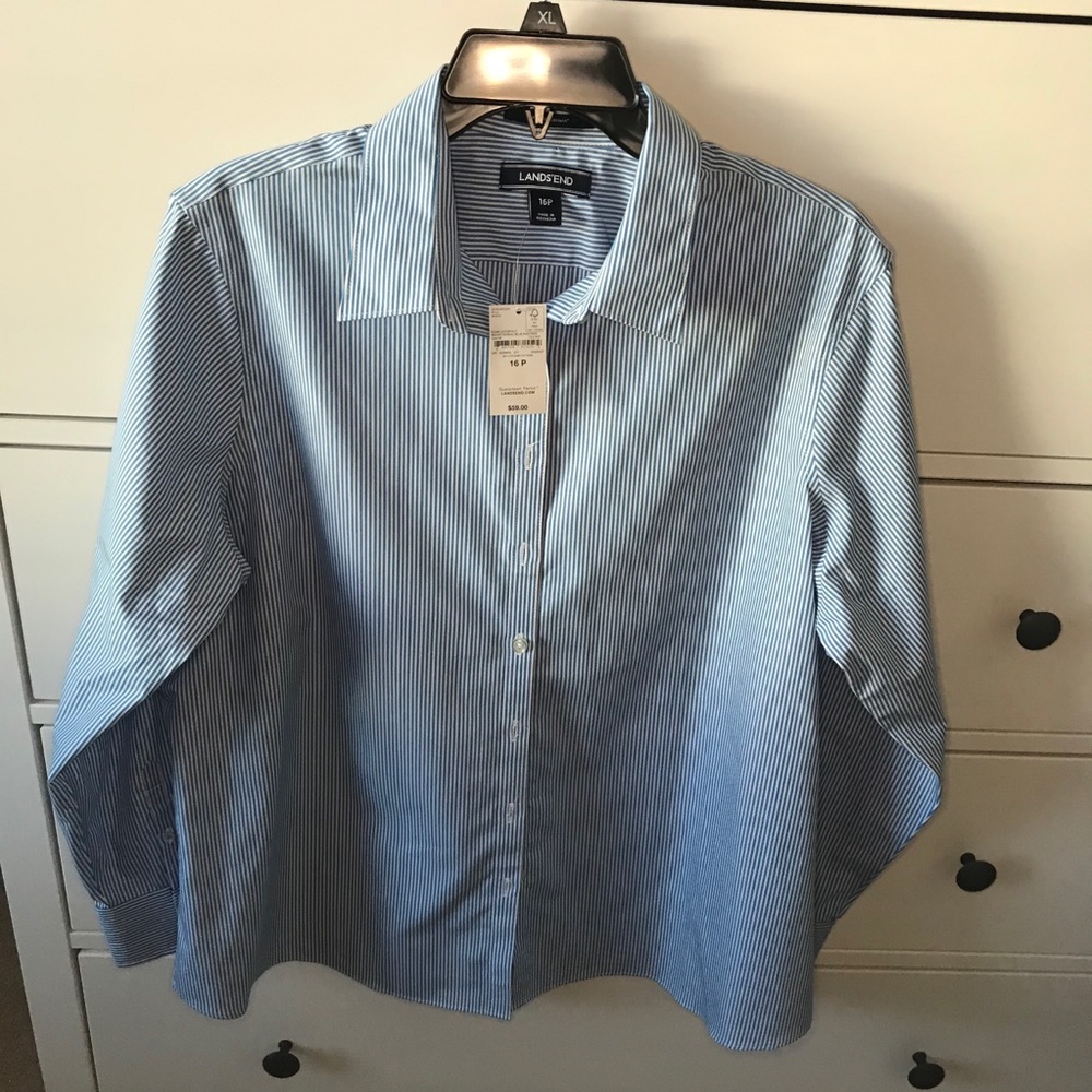 Lands End Blue Pinstripe cotton blouse Sz 16 P